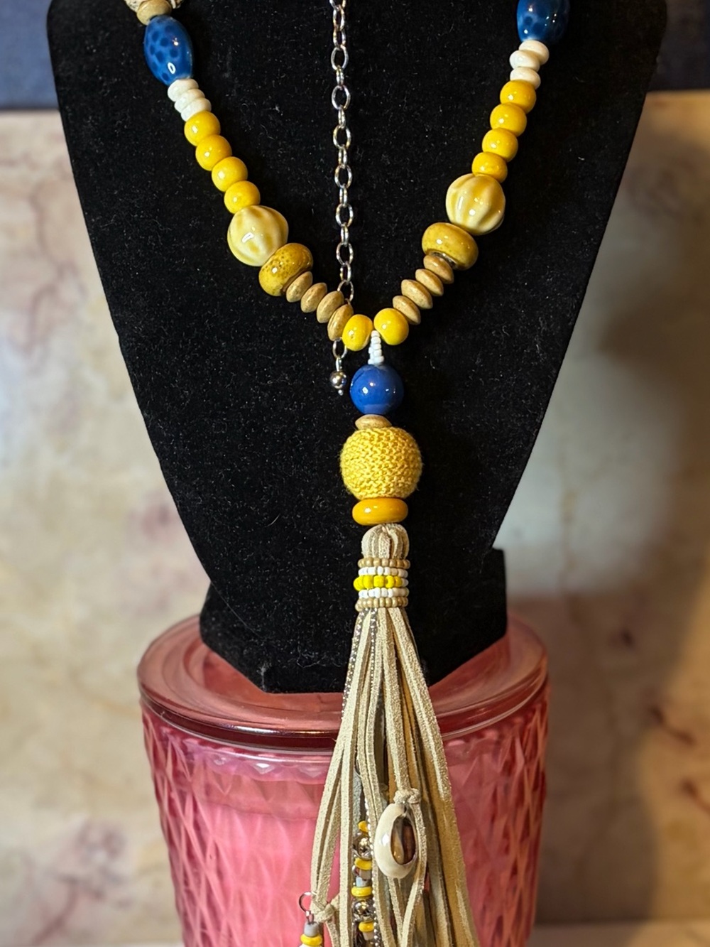 Chico's Yellow and Blue Beaded Tassel Necklace